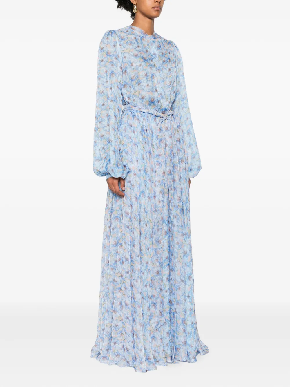 Miau By Clara Rotescu Floral-print Belted Maxi Dress In Blue