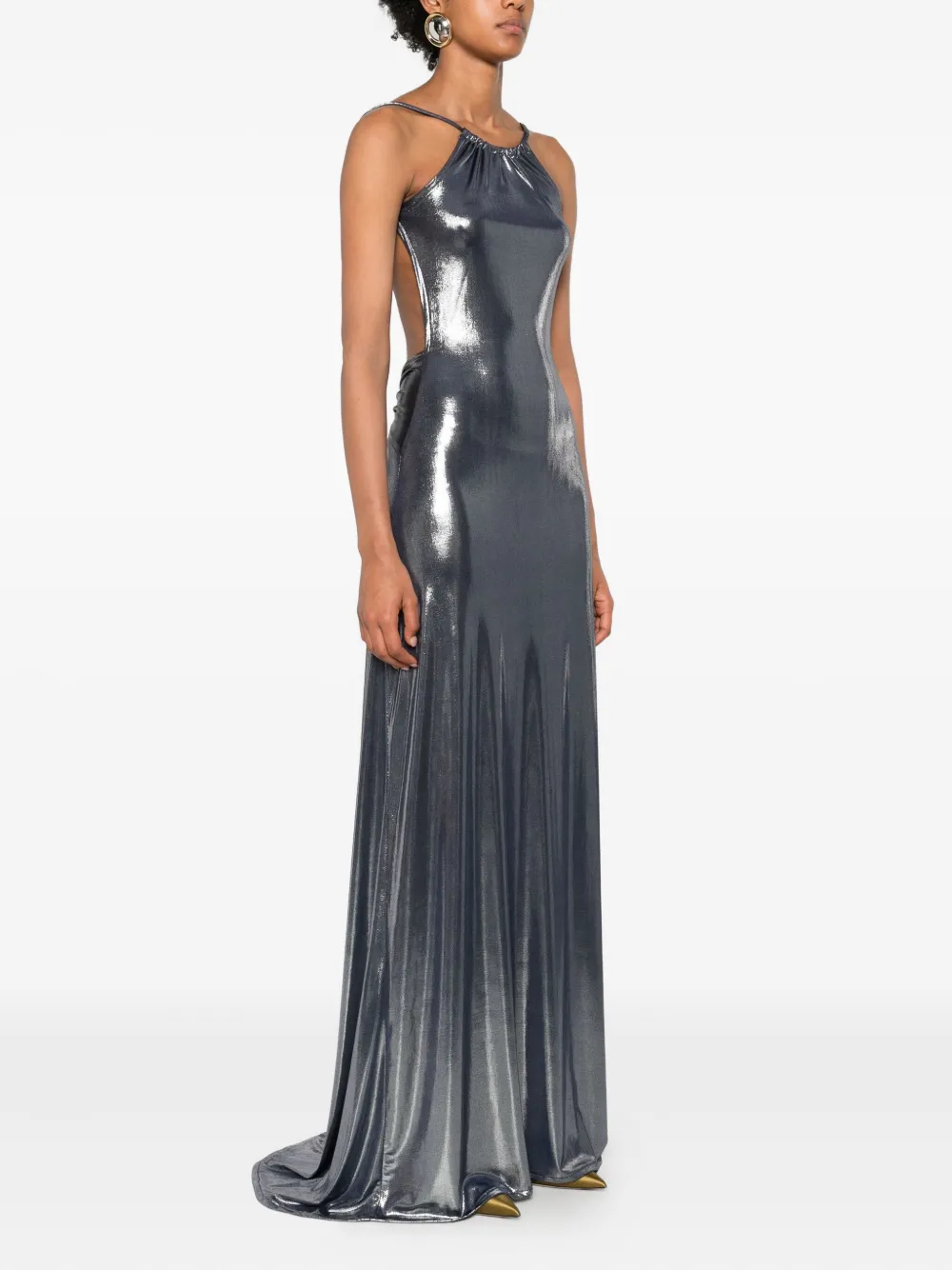 Miau By Clara Rotescu Metallic Open-back Maxi Dress In Gray