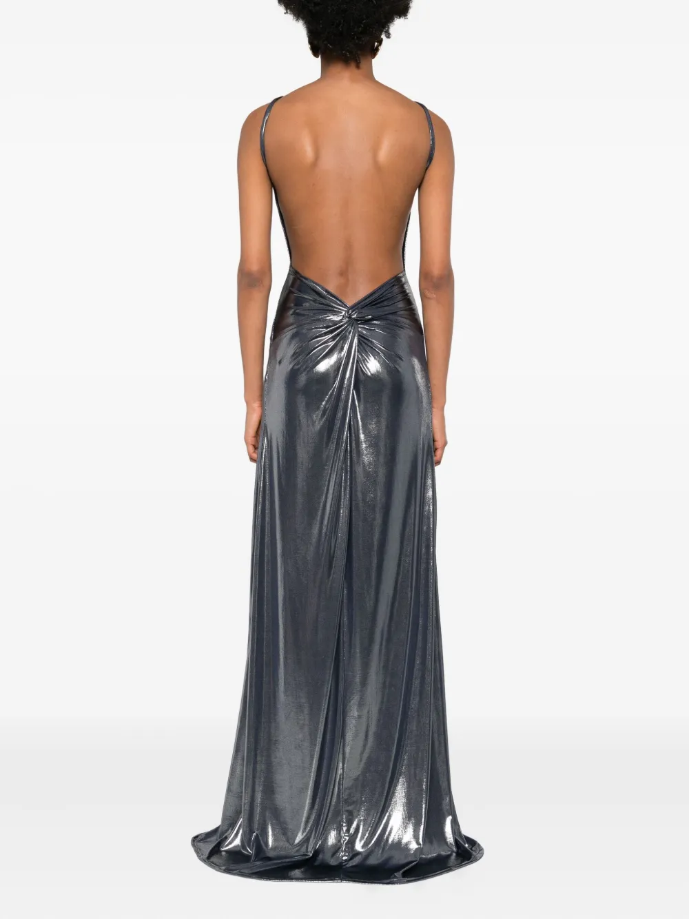 Miau By Clara Rotescu Metallic Open-back Maxi Dress In Gray