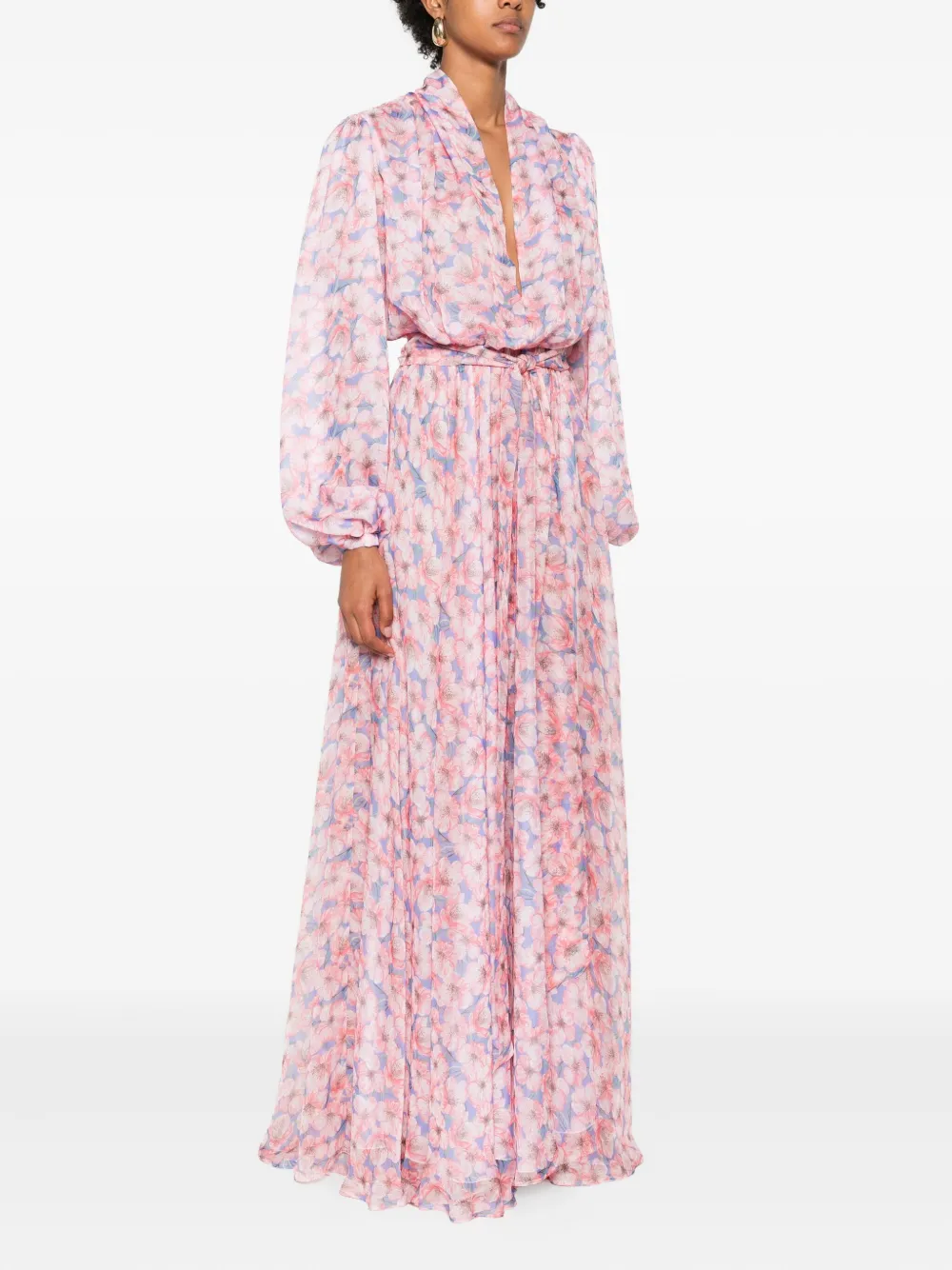 Miau By Clara Rotescu Floral-print Belted Maxi Dress In Pink
