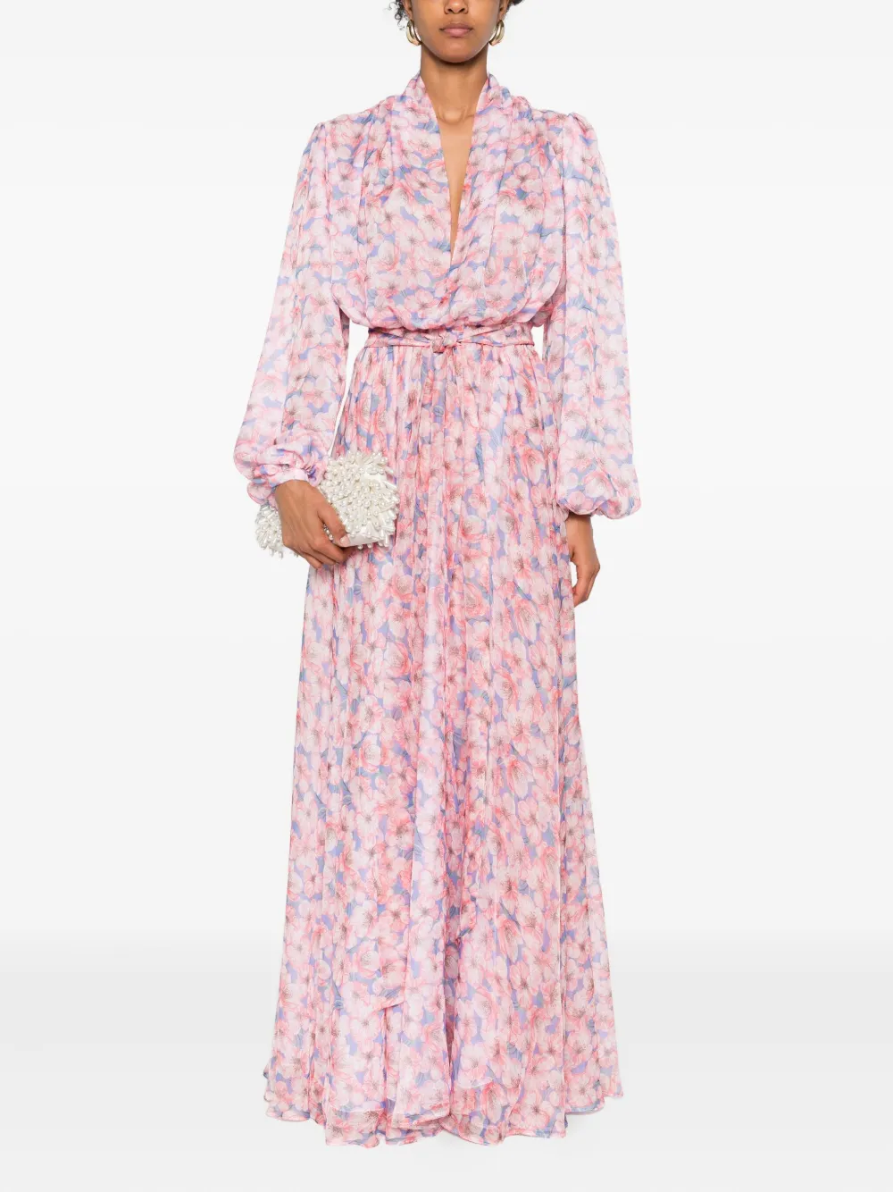Miau By Clara Rotescu Floral-print Belted Maxi Dress In Pink