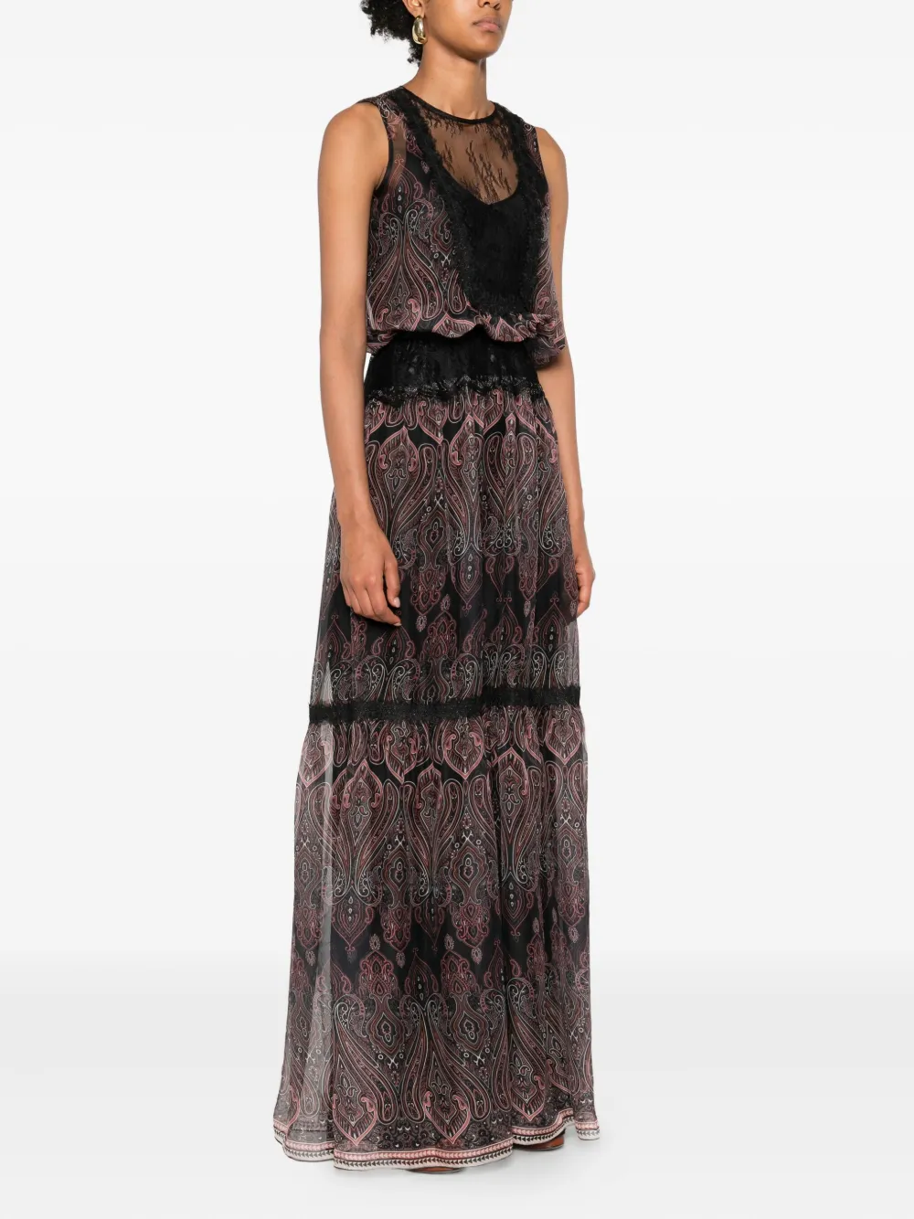 Miau By Clara Rotescu Paisley-print Lace-trimmed Maxi Dress In Black