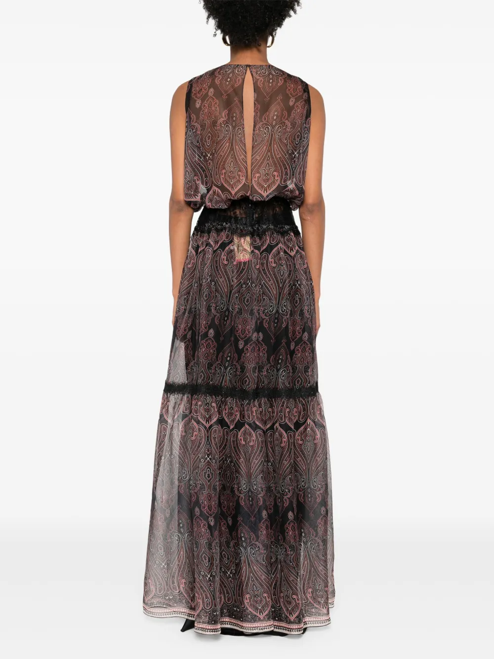 Miau By Clara Rotescu Paisley-print Lace-trimmed Maxi Dress In Black