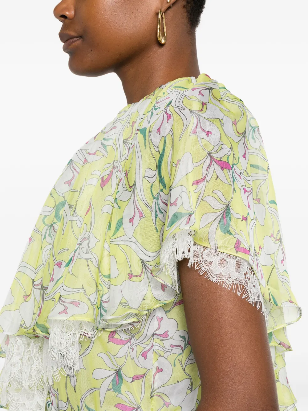 MIAU by Clara Rotescu Jurk met bloemenprint en ruches Geel