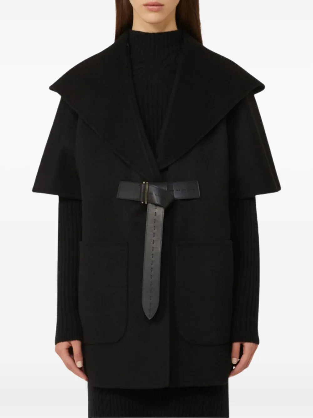 Max Mara Cape met capuchon en ceintuur Zwart