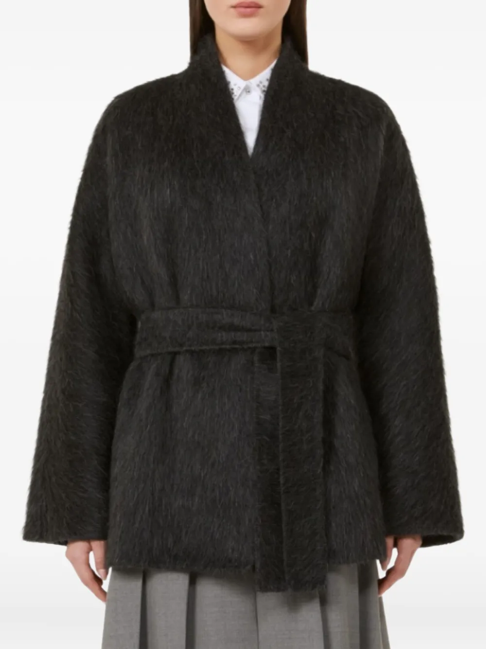 Max Mara Belted Brushed Coat In Black