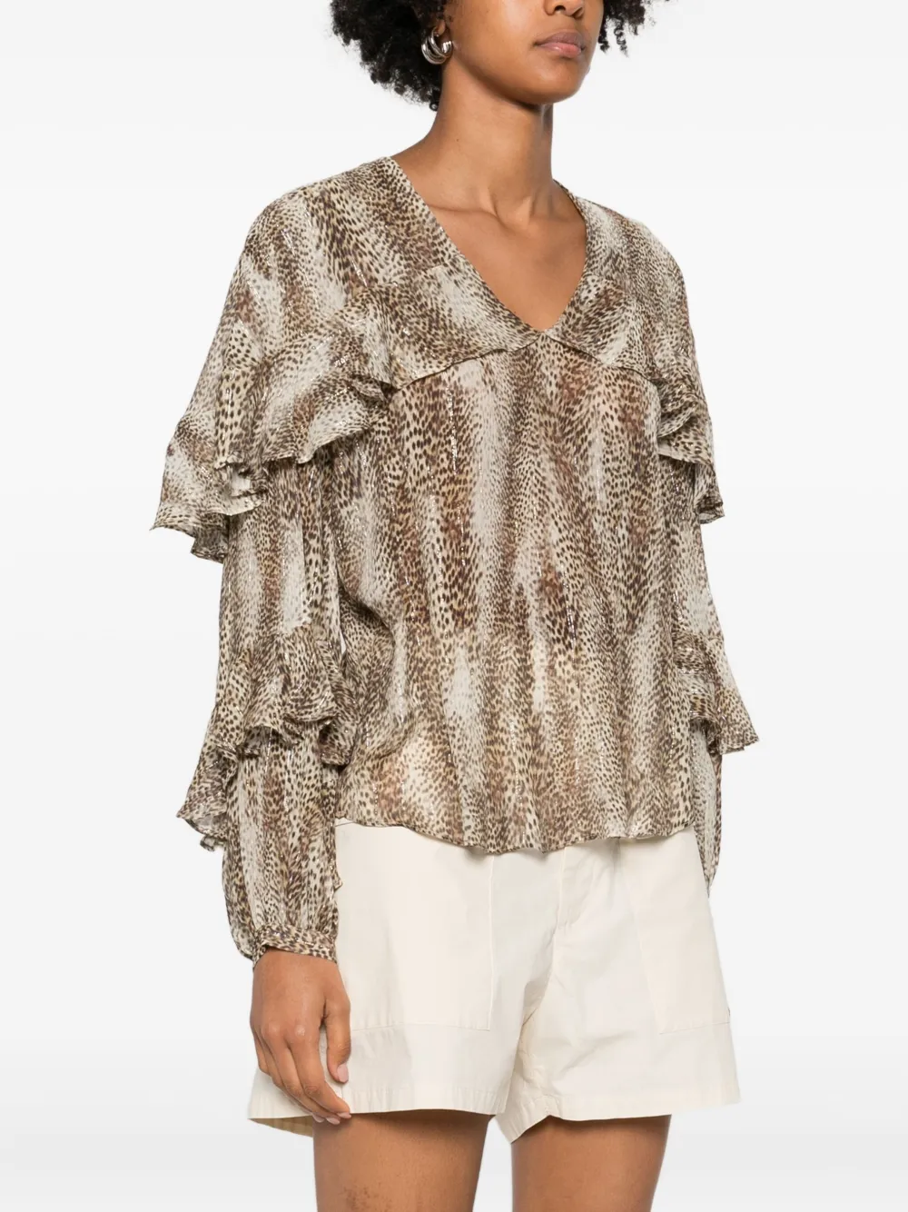 Twinset Animal Print Blouse With Ruffled Sleeves In Neutral