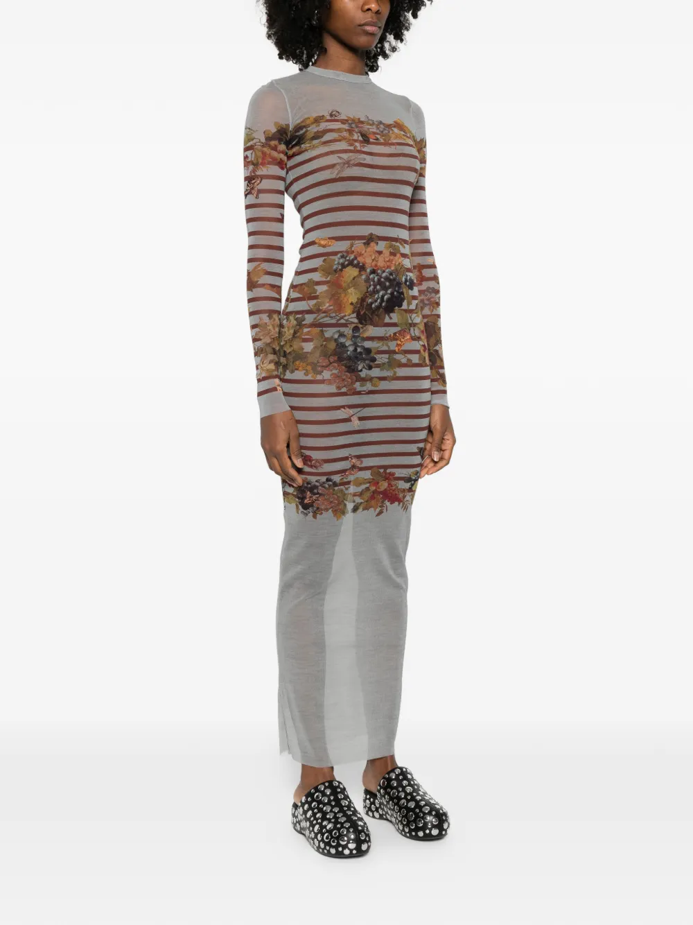 Jean Paul Gaultier Gestreepte maxi-jurk met print Grijs