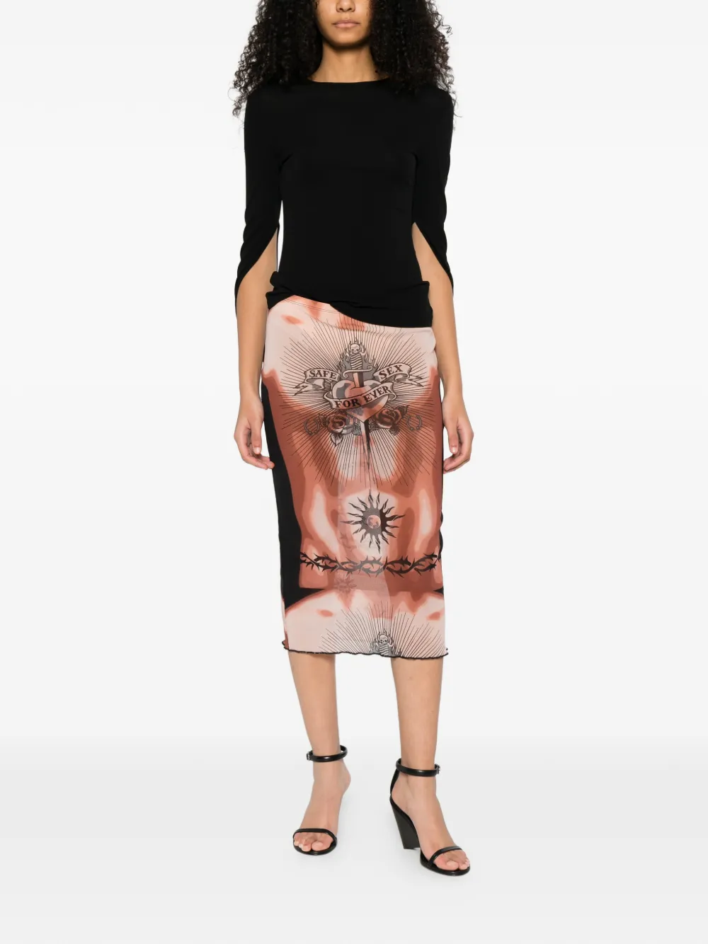 Jean Paul Gaultier tattoo print knee skirt - Beige