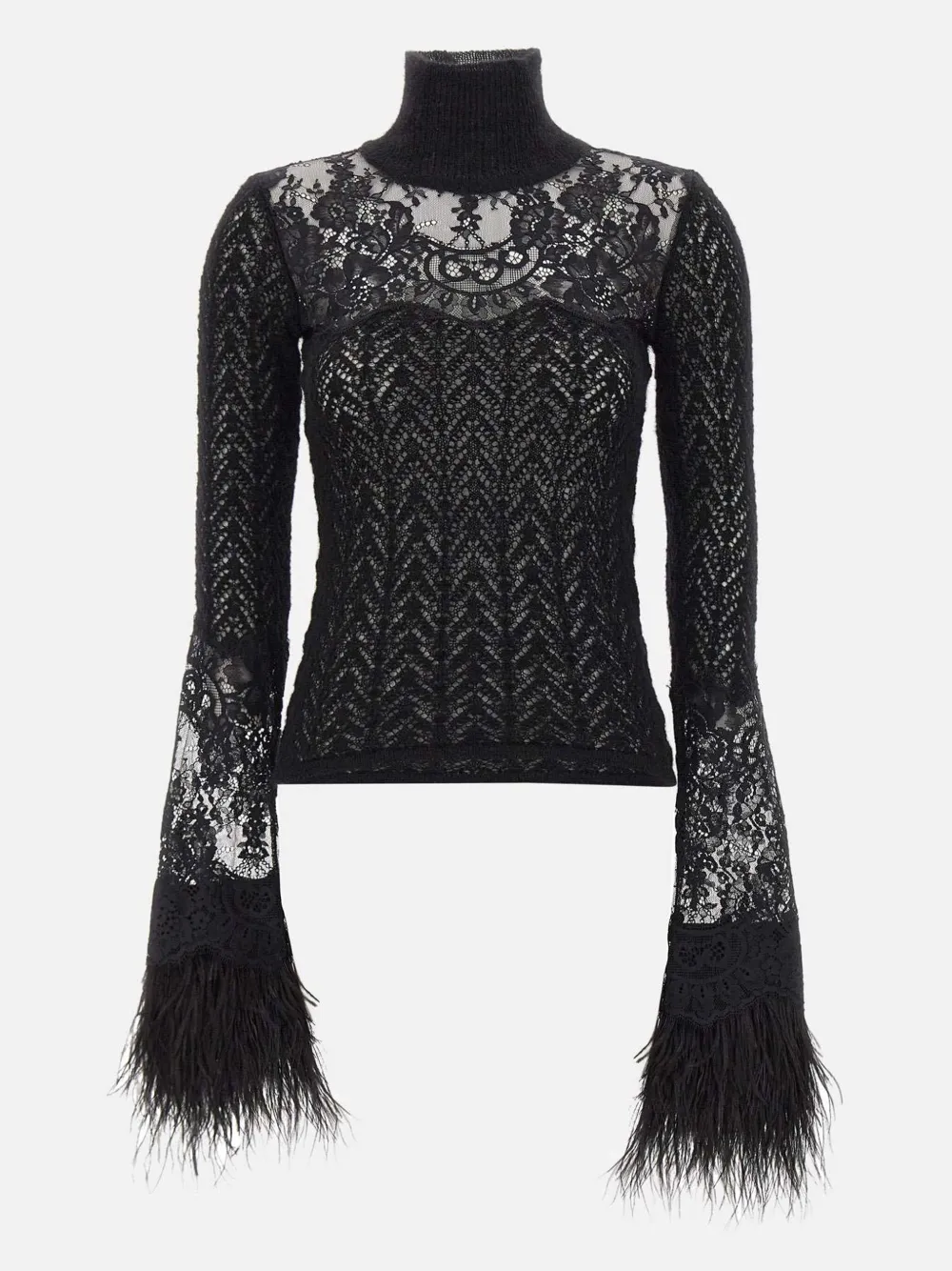 Blumarine Lace-insert Feather-cuff Sweater In Black