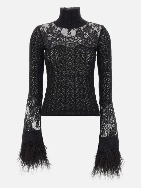 Blumarine lace-insert feather-cuff sweater