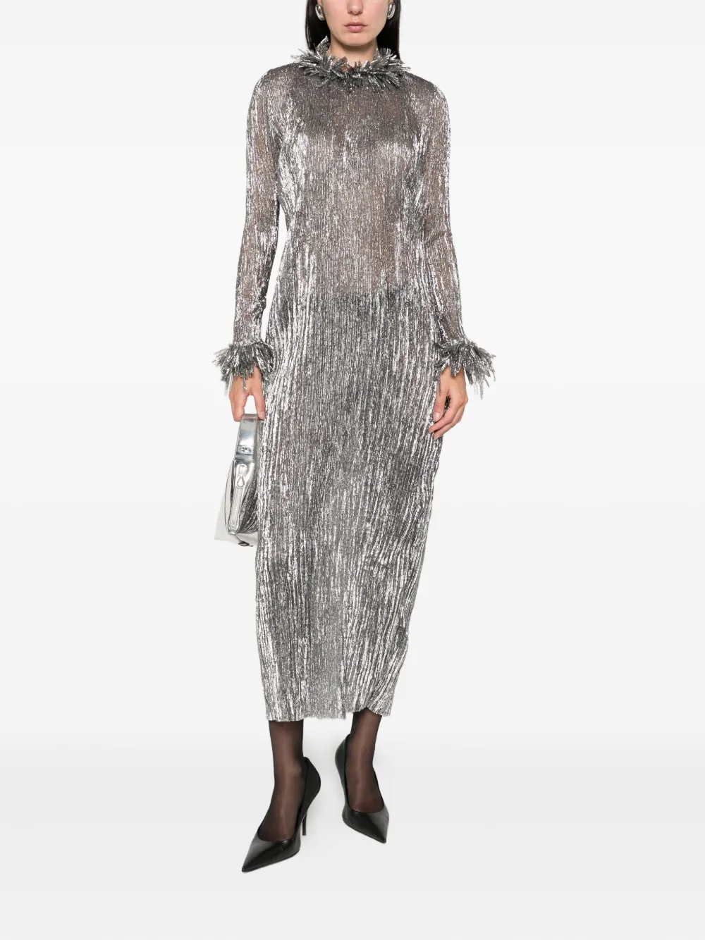 LIBEROWE Plissé midi-jurk met franje - Zilver