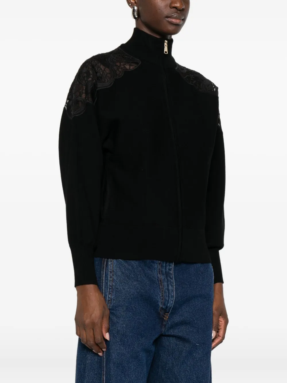 Twinset Lace-detail Zip-up Jacket In Black