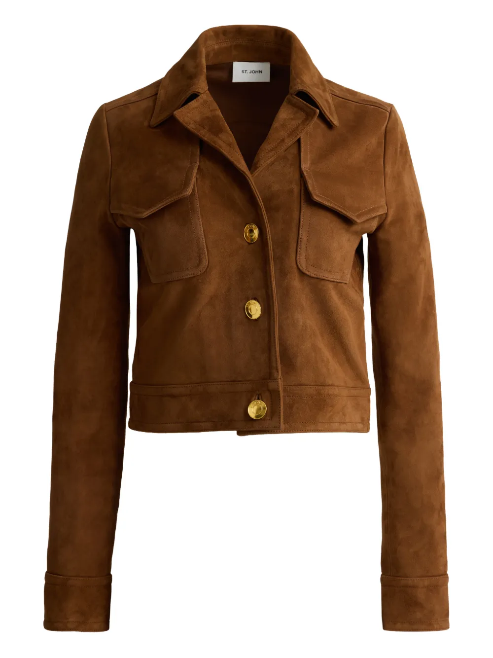 St John Laurel Gold Button Suede Jacket In Brown