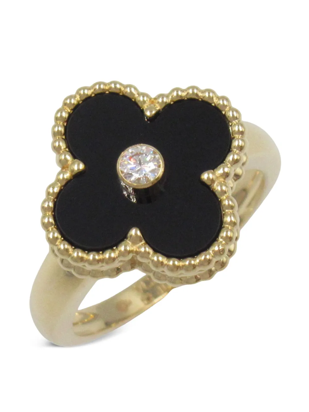 Pre-owned Van Cleef & Arpels 18k Yellow Gold Alhambra Diamond And Onyx Ring In Black