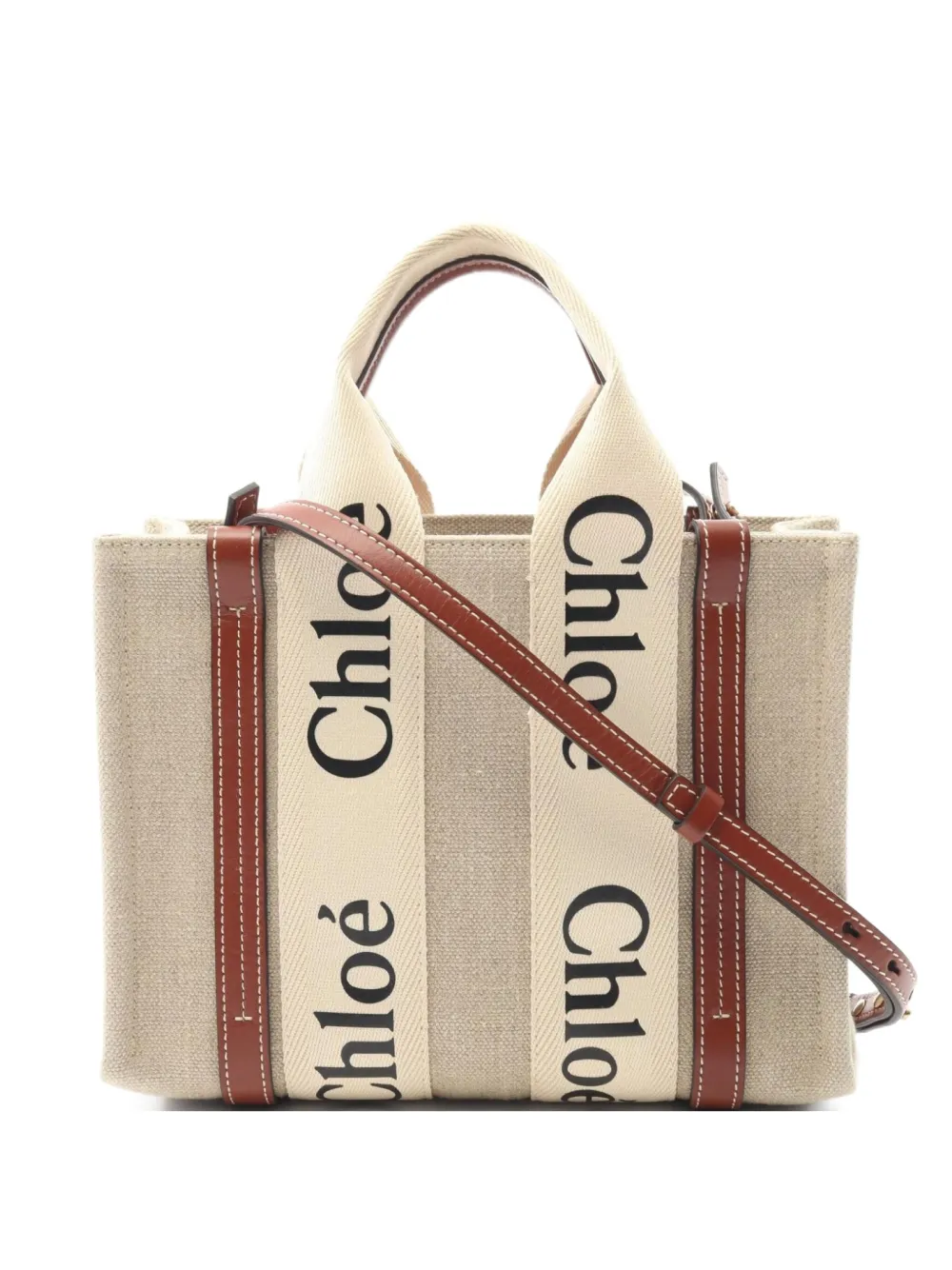 Chloé Pre-Owned 2010s Woody leather-trimmed handbag | Neutrals | Image 1
