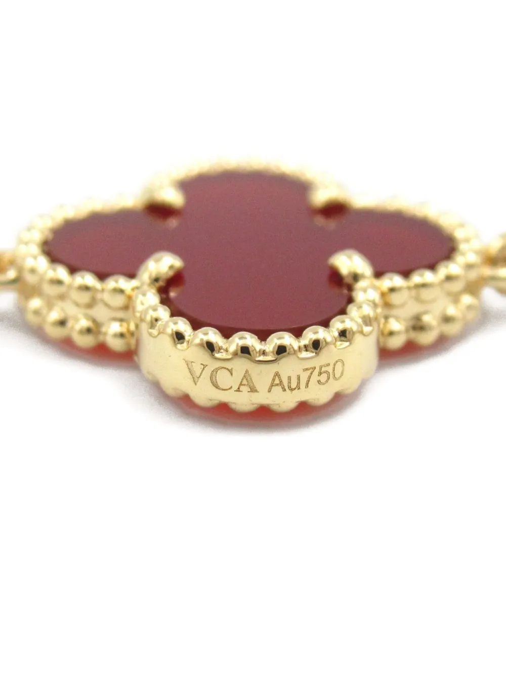 Pre-owned Van Cleef & Arpels 10s 18k Yellow Gold Alhambra Carnelian Necklace In Red