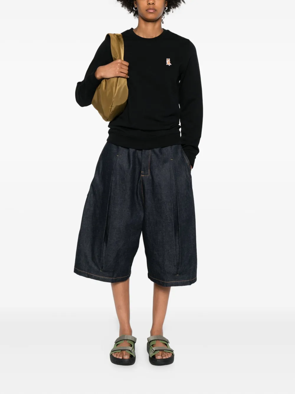 Maison Kitsuné Fox Embroidered Cotton Sweatshirt With Crew Neck In Black