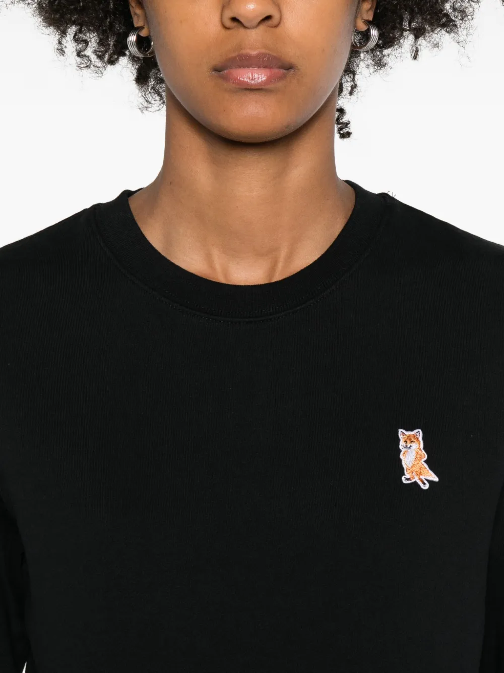 Maison Kitsuné Fox Embroidered Cotton Sweatshirt With Crew Neck In Black