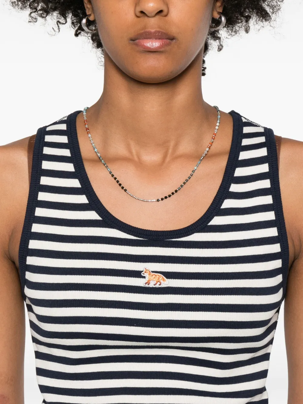 Maison Kitsuné Striped Cotton Sleeveless Top With Round Neck In Blue