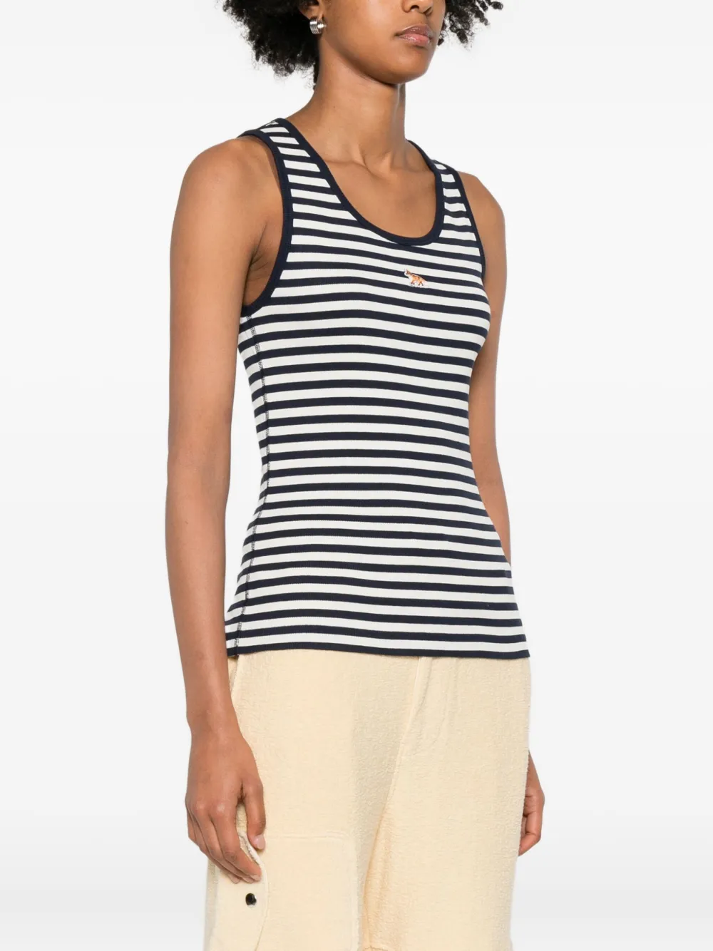 Maison Kitsuné Striped Cotton Sleeveless Top With Round Neck In Blue
