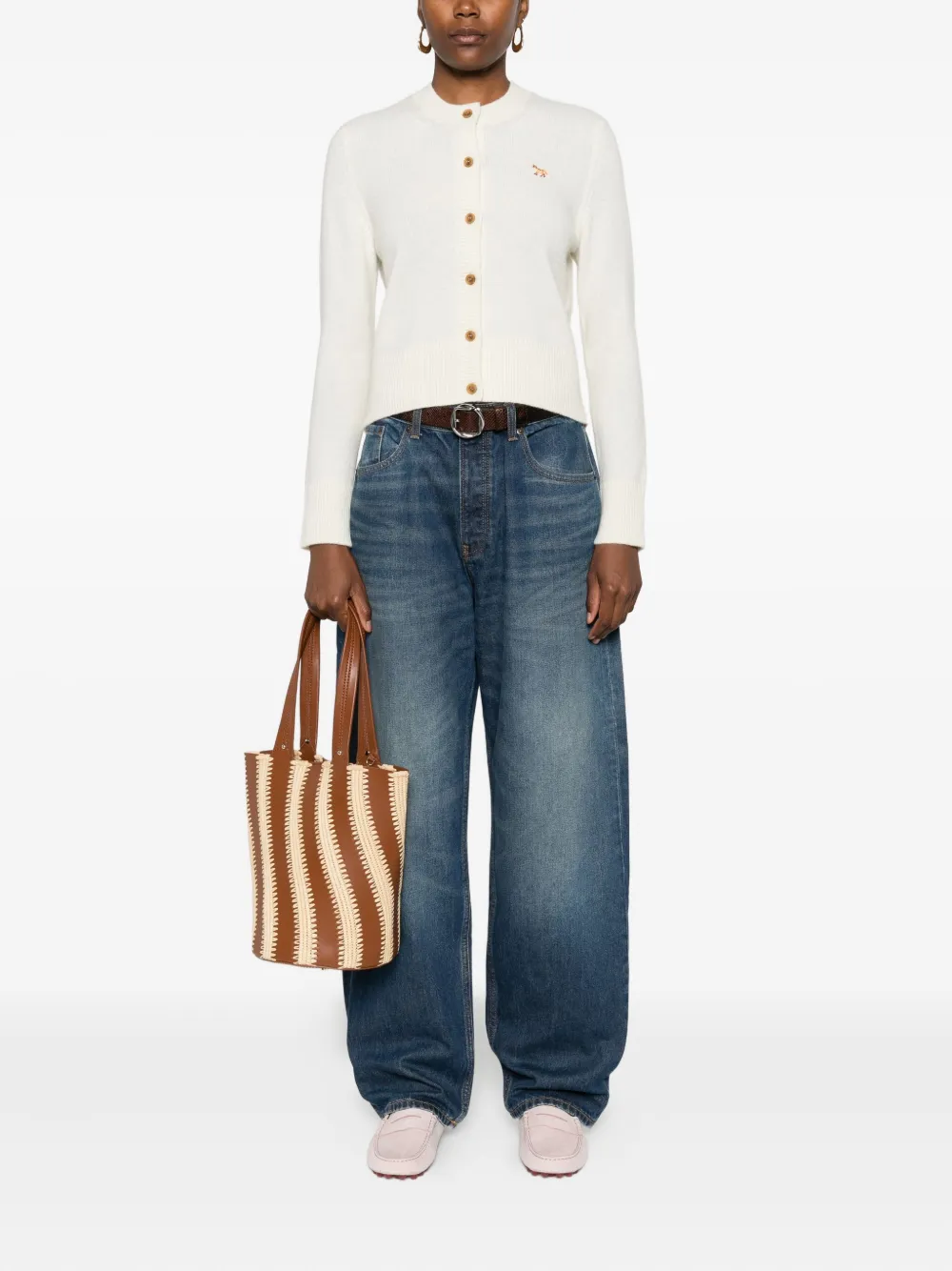 Maison Kitsuné Wool Cardigan With Crew Neck And Long Sleeves In Neutral