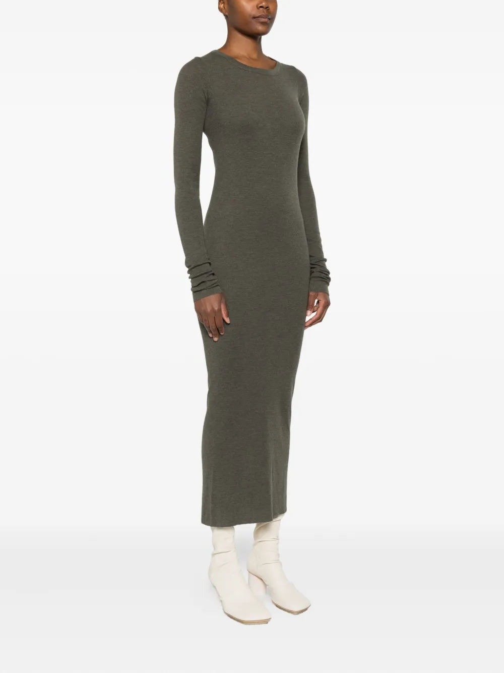 Rick Owens Maxi Dress With Ribbed Texture And Long Sleeves In Gray