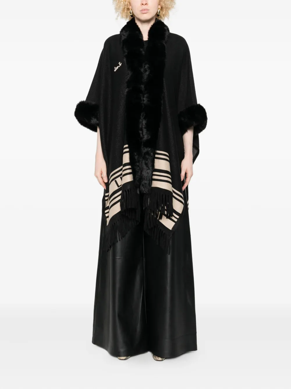 Liu •jo Fur-trimmed Striped Poncho In Black