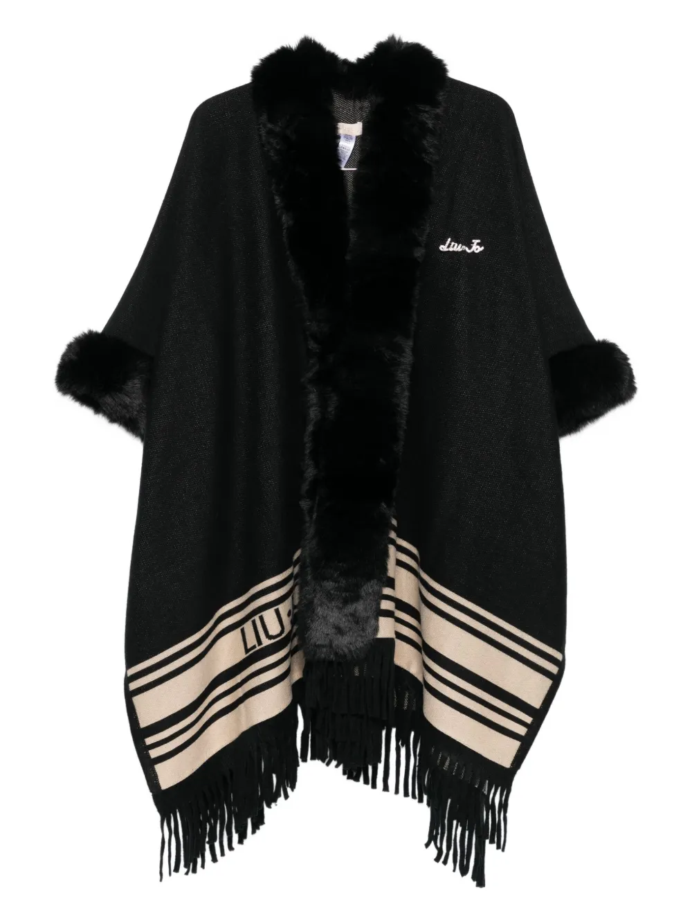 Liu •jo Fur-trimmed Striped Poncho In Black