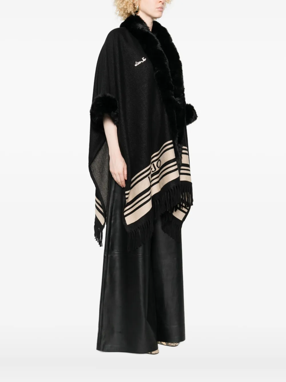 Liu •jo Fur-trimmed Striped Poncho In Black