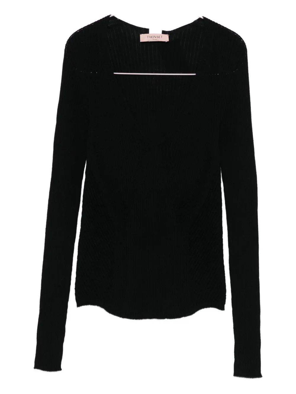 Twinset Fitted Black Ribbed Sweater With Deep V-neckline In Black