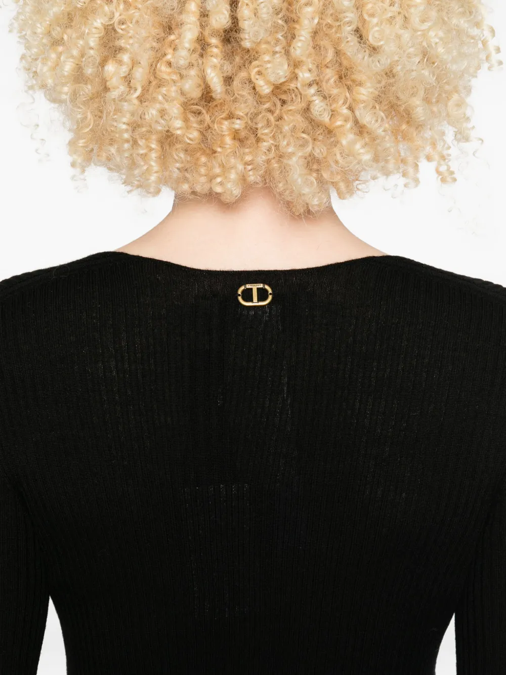 Twinset Fitted Black Ribbed Sweater With Deep V-neckline In Black