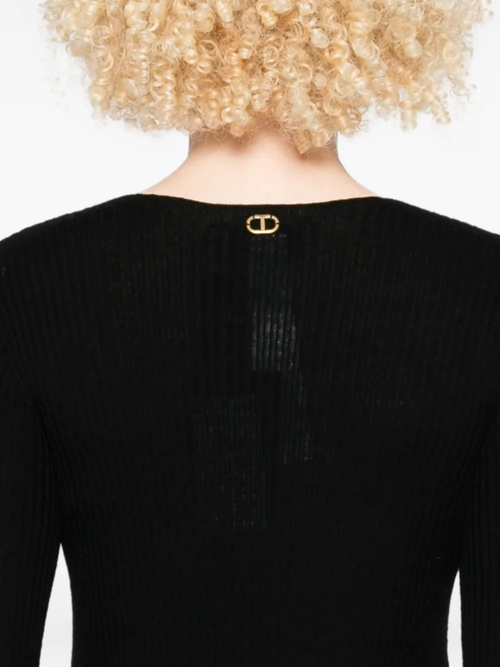 Twinset Fitted Black Ribbed Sweater With Deep V-neckline In Black