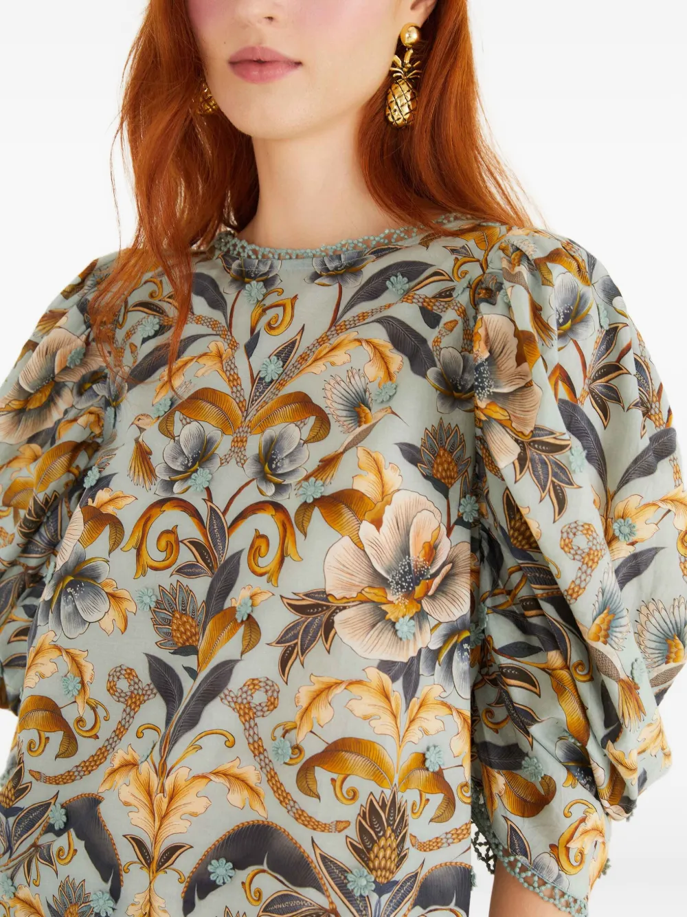 Farm Rio Puff-sleeve Floral Blouse In Blue