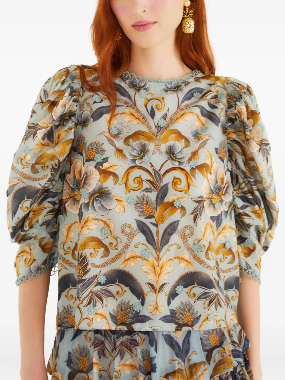 Farm Rio Puff-sleeve Floral Blouse In Blue