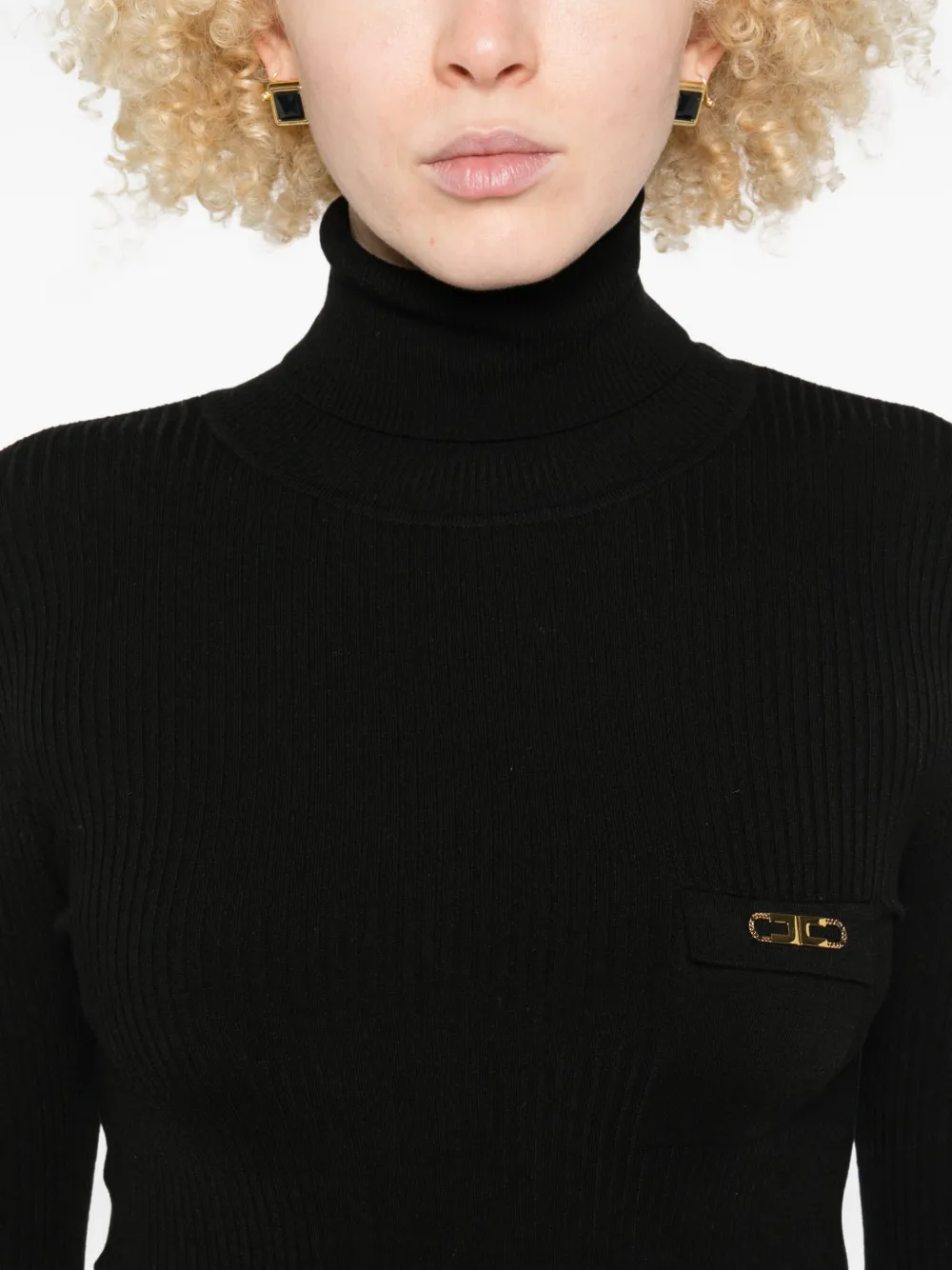 Elisabetta Franchi Ribbed Turtleneck Midi Dress In Black