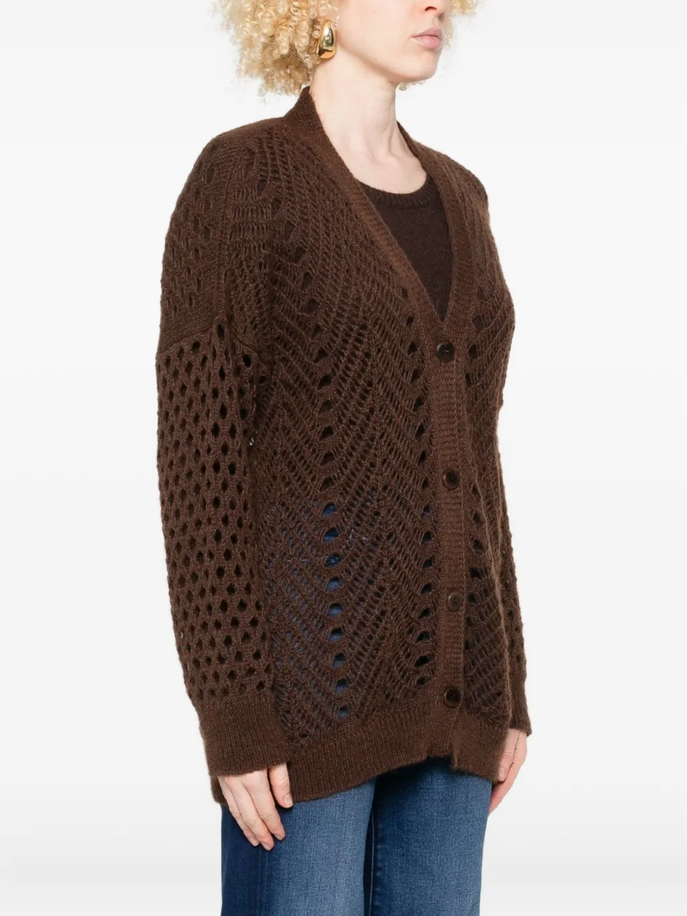Twinset Open-knit Brown Mohair And Wool Blend Cardigan In Brown