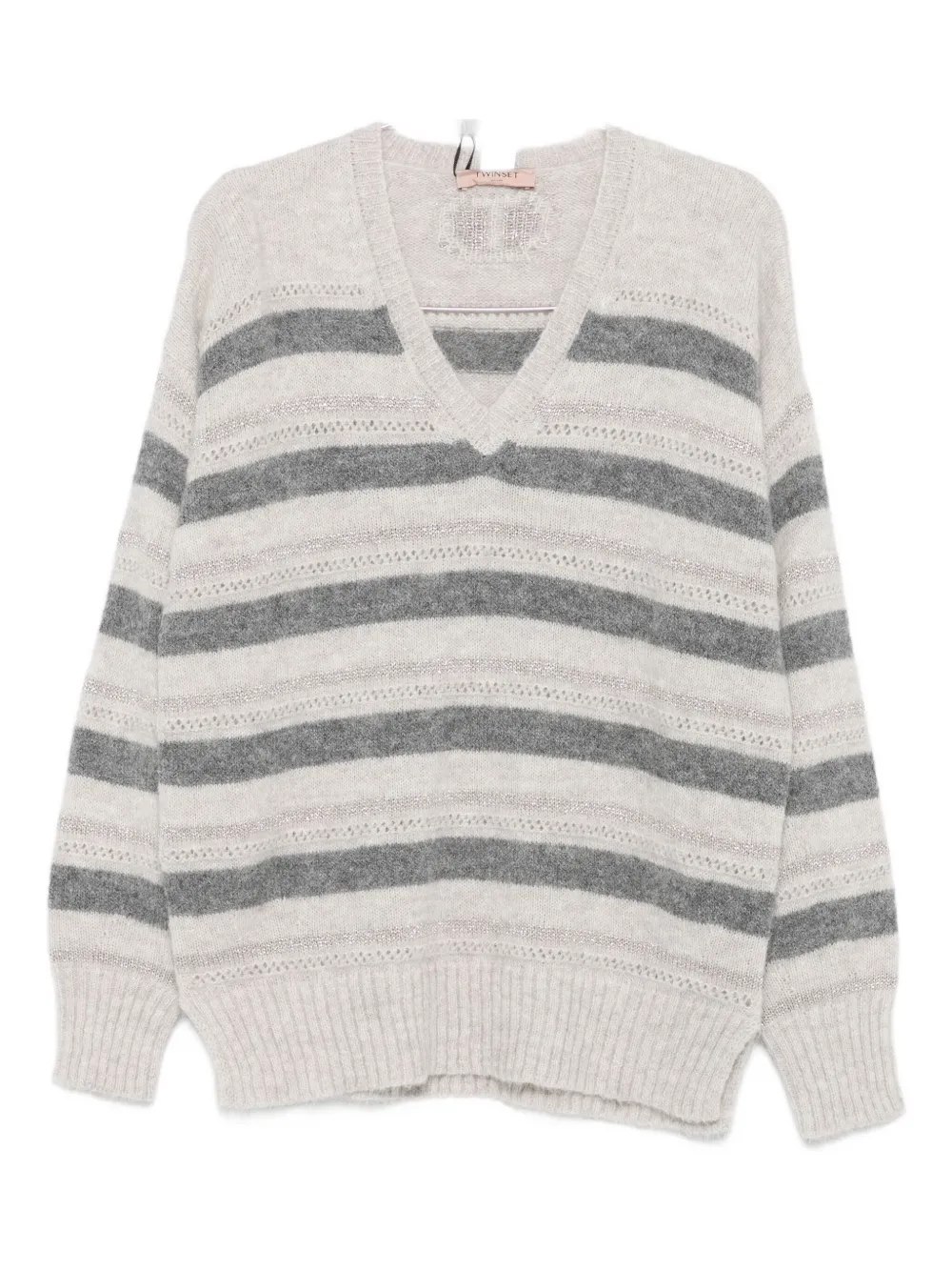 Twinset Horizontal Striped Knit Sweater With V-neckline In Gray