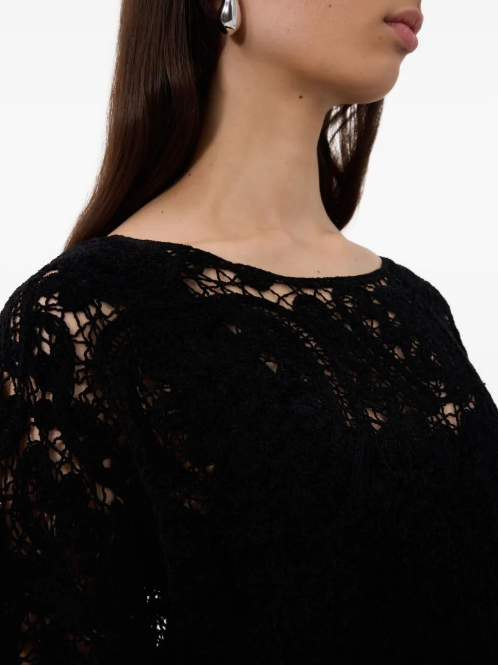 Loulou De Saison Ciko Crochet-pattern Bell-sleeve Midi Dress In Black