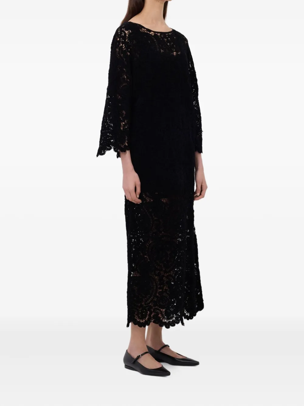 Loulou De Saison Ciko Crochet-pattern Bell-sleeve Midi Dress In Black