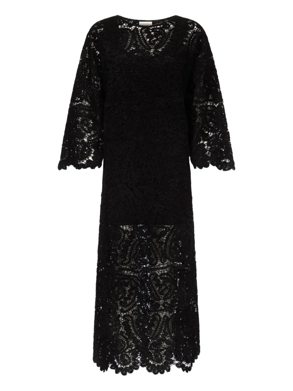 Loulou De Saison Ciko Crochet-pattern Bell-sleeve Midi Dress In Black