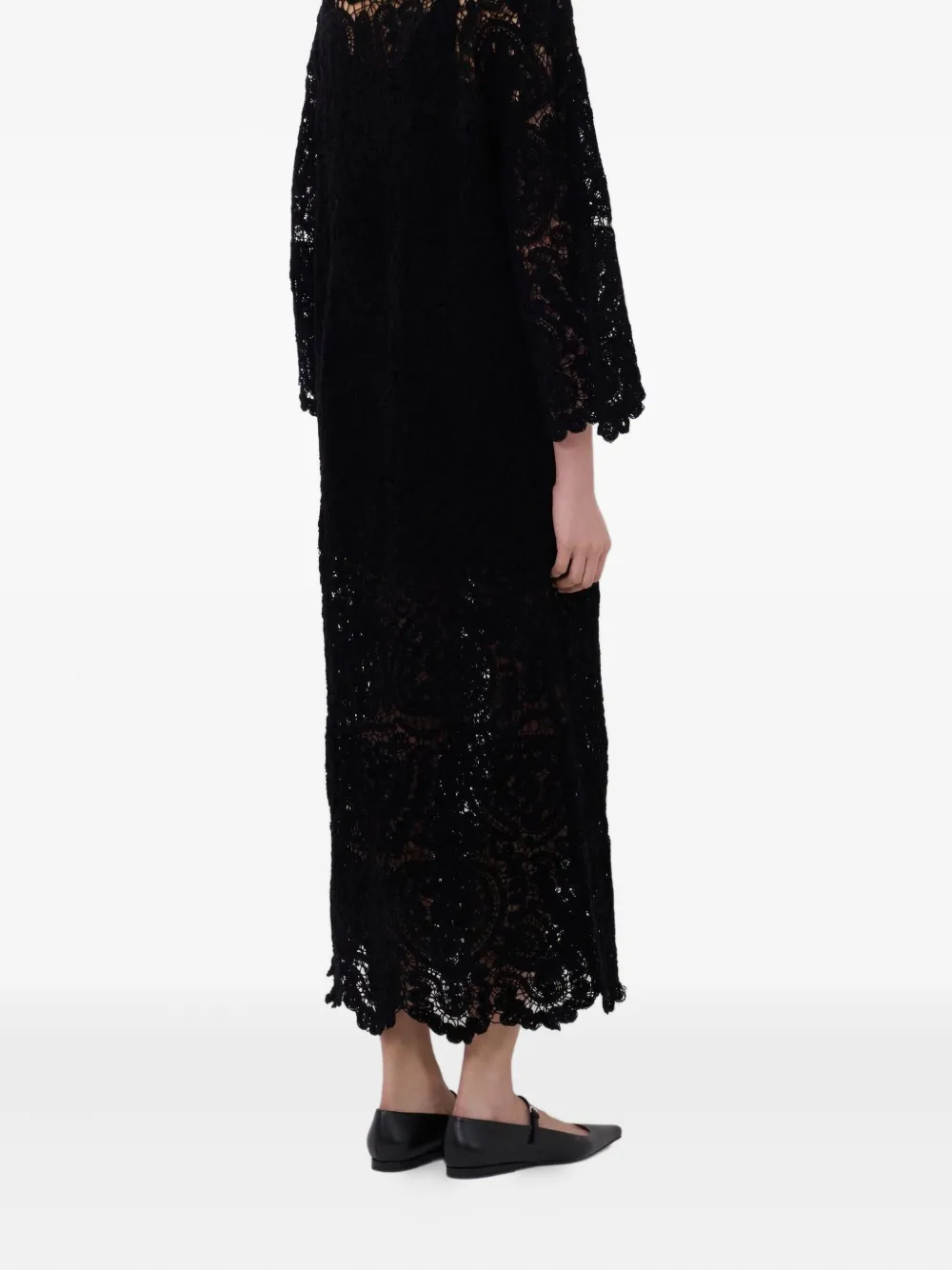 Loulou De Saison Ciko Crochet-pattern Bell-sleeve Midi Dress In Black