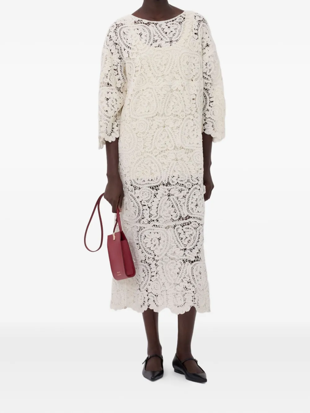 LouLou de Saison Ciko maxi-jurk met gehaakt patroon en driekwartmouwen - Beige