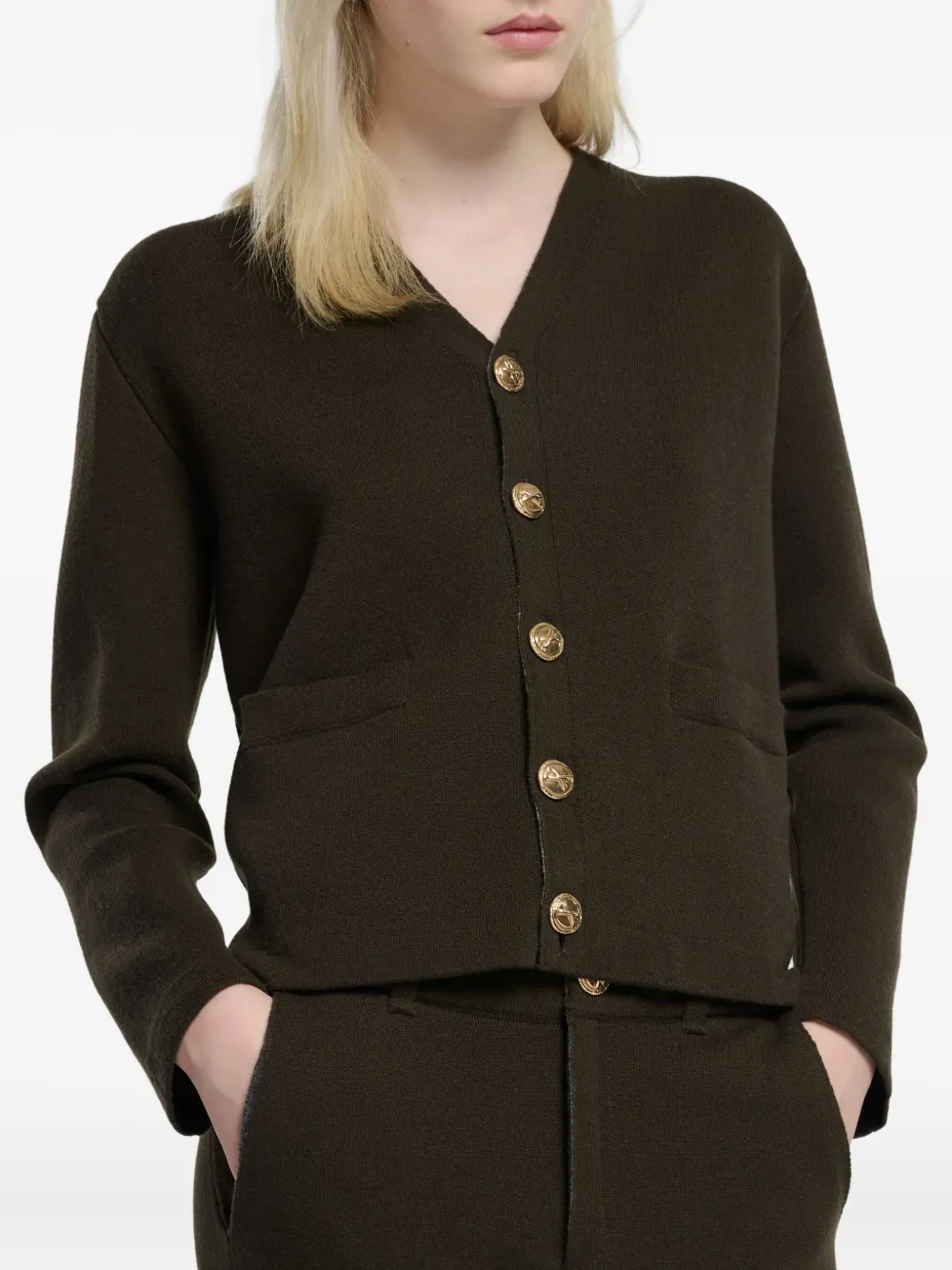 Barrie Vest met V-hals en goudkleurige knoop Bruin