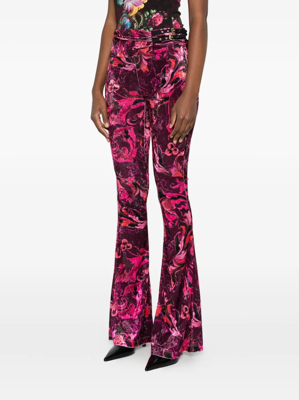 Versace Jeans Couture Flared Burgundy Trousers With Double Buckle Detail In Red
