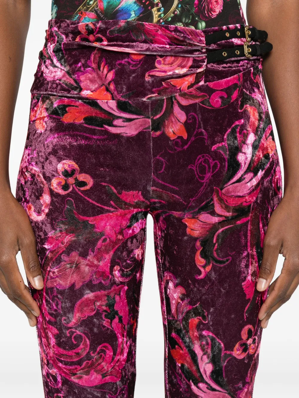 Versace Jeans Couture Flared Burgundy Trousers With Double Buckle Detail In Red