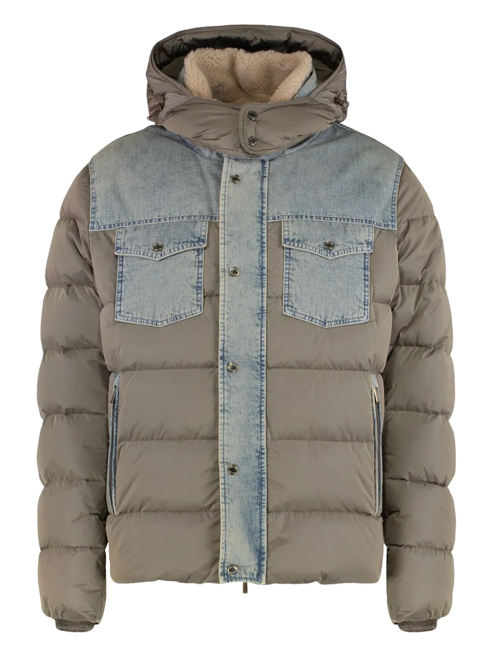 Moorer Teve denim-panel hooded down jacket | Green | Image 1
