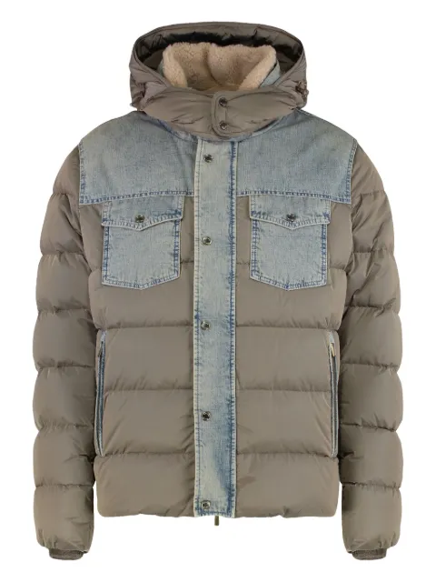 Moorer Teve denim-panel hooded down jacket