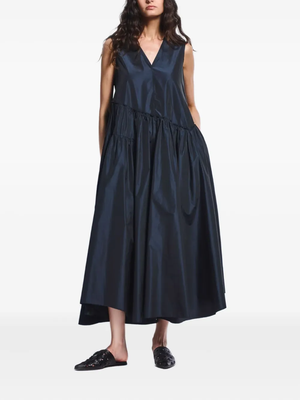 High v-neck asymmetric dress - Blauw