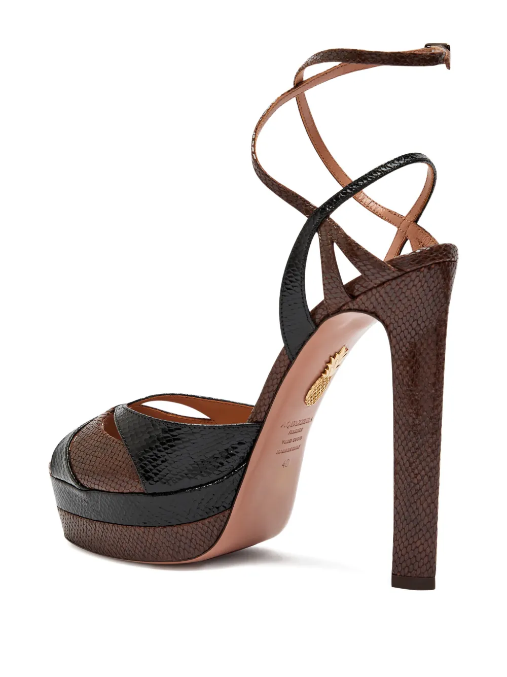 Aquazzura 130mm Plateau snake-embossed leather sandals Brown